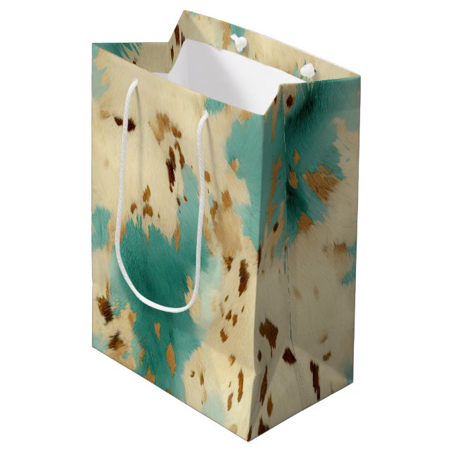 Turquoise White Gold Cowhide Medium Gift Bag (Front Angled)