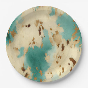 Turquoise White Gold Cowhide Paper Plate