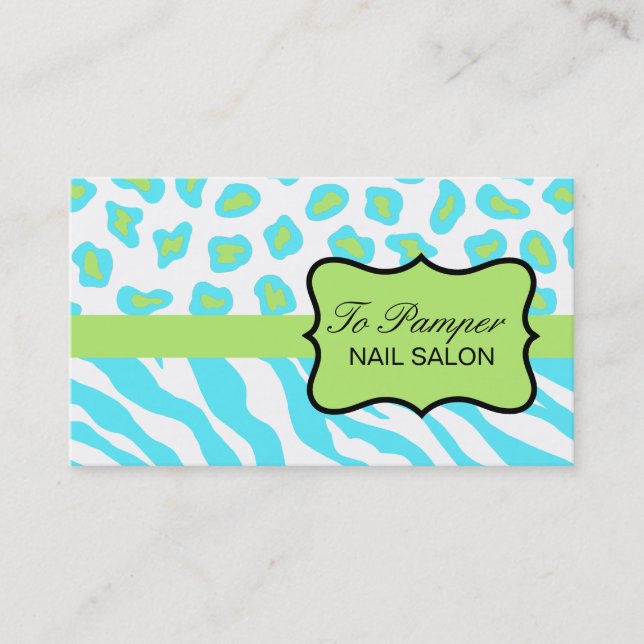 Turquoise, White & Green Zebra & Cheetah Custom Business Card (Front)