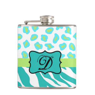 Turquoise White Green Zebra Leopard Skin Monogram Hip Flask