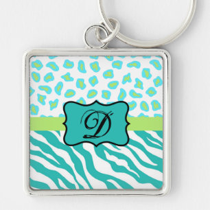Turquoise White Green Zebra Leopard Skin Monogram Key Ring