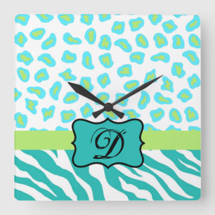 Turquoise White Green Zebra Leopard Skin Monogram Square Wall Clock
