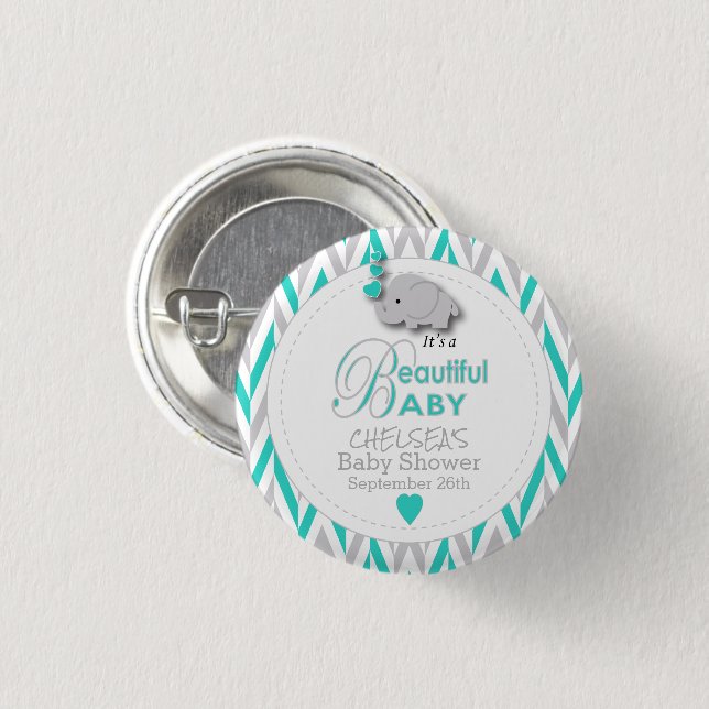 Turquoise, White Grey Elephant Baby Shower 3 Cm Round Badge (Front & Back)