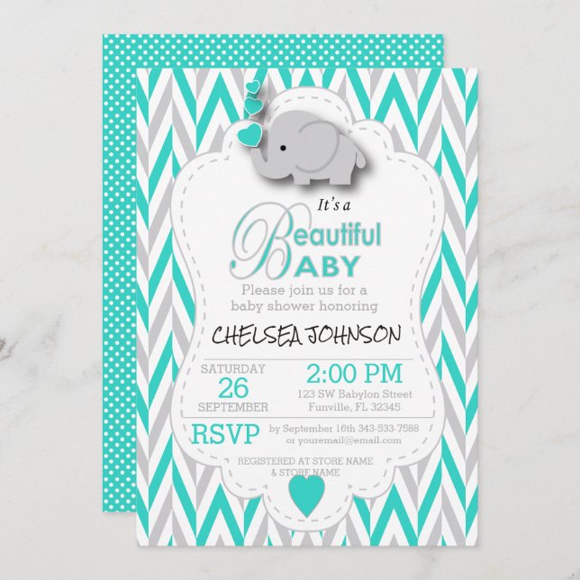 Turquoise, White & Grey Elephant Baby Shower Invitation (Front/Back)