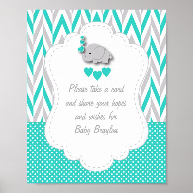 Turquoise, White Grey Elephant Baby Shower Poster (Front)
