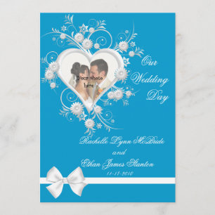 Turquoise & White Heart Wedding Photo Invitations