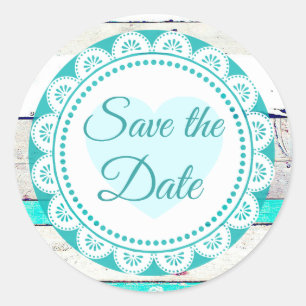 Turquoise White Lacey Save the Date Stickers