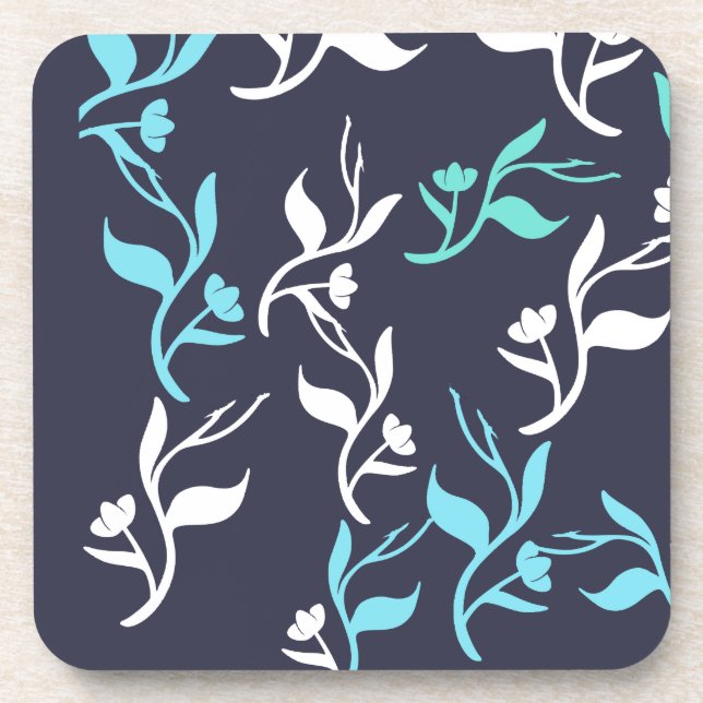 Turquoise White Leaves Pattern Product Coaster (Front)