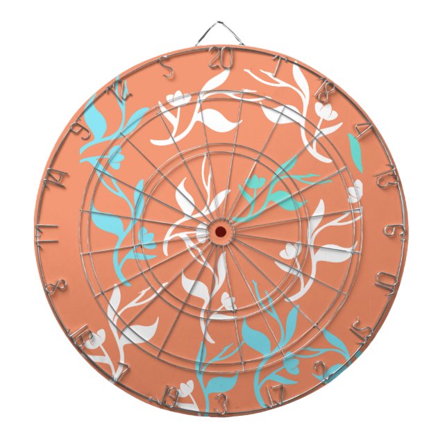 Turquoise White Leaves Pattern Product Dartboard (Front)