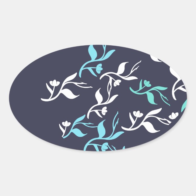 Turquoise White Leaves Pattern Product Oval Sticker (Front)
