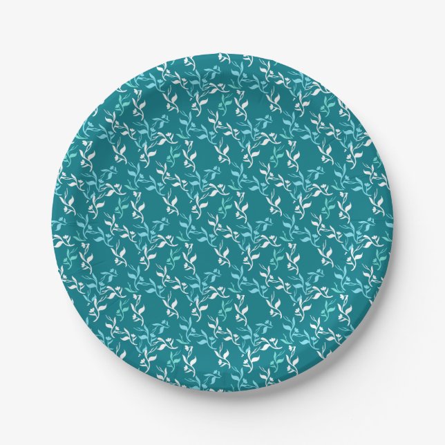 Turquoise White Leaves Pattern Product Paper Plate (Front)