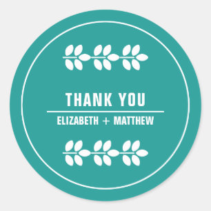 Turquoise White Leaves Wedding Thank You Classic Round Sticker