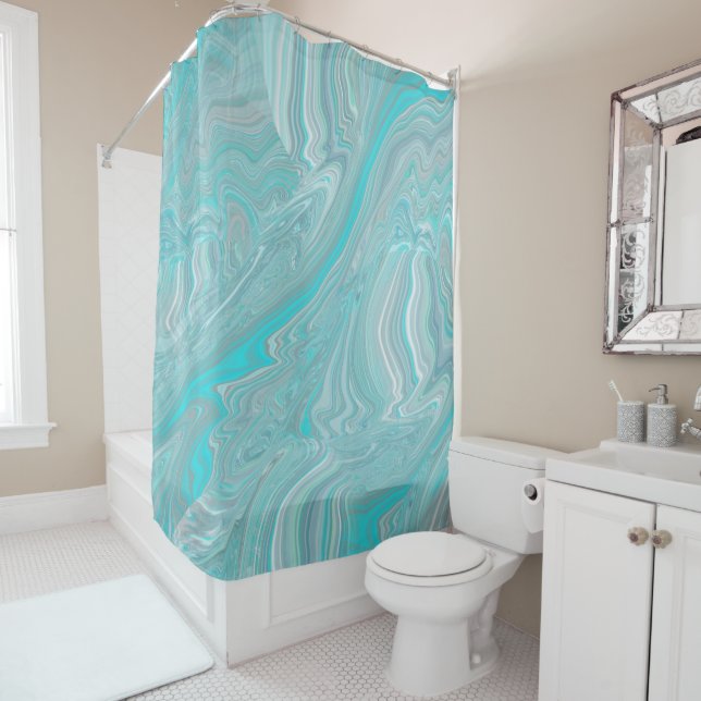 Turquoise White Marble Abstract Art Shower Curtain (In Situ)