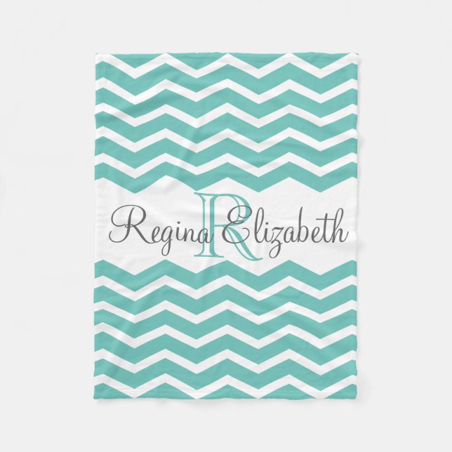 Turquoise White Monogram Name Keepsake Chevron Fleece Blanket (Front)