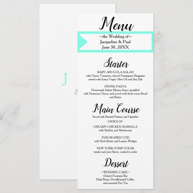 Turquoise White Monogram Wedding Menu (Front/Back)