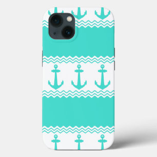 Turquoise White Nautical Anchor Coastal Stripes iPhone 13 Case