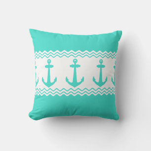 Turquoise White Nautical Anchor Coastal Stripes Cushion