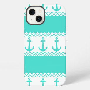 Turquoise White Nautical Anchor Coastal Stripes iPhone 13 Case