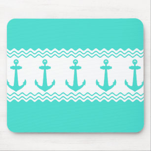 Turquoise White Nautical Anchor Coastal Stripes Mouse Pad