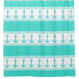 Turquoise White Nautical Anchor Coastal Stripes Shower Curtain