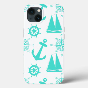 Turquoise White Nautical Coastal Boating iPhone 13 Case