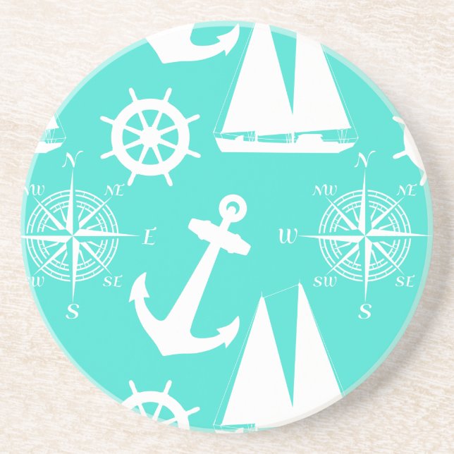 Turquoise White Nautical Coastal Boating Coaster (Front)