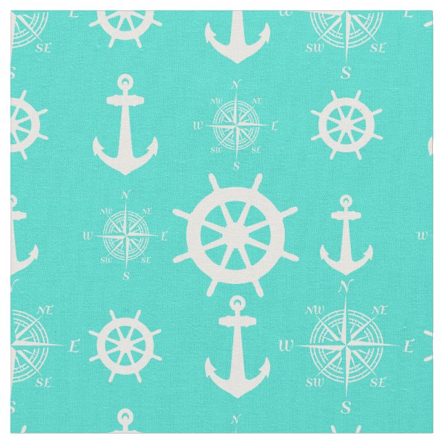 Turquoise White Nautical Coastal Boating Fabric (Close Up)