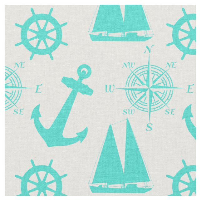 Turquoise White Nautical Coastal Boating Fabric (Close Up)