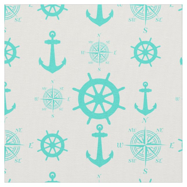 Turquoise White Nautical Coastal Boating Fabric (Close Up)