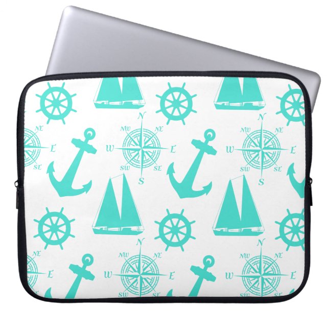 Turquoise White Nautical Coastal Boating Laptop Sleeve (Front)