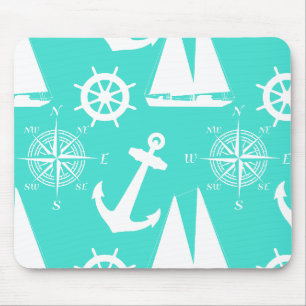 Turquoise White Nautical Coastal Boating Mouse Pad