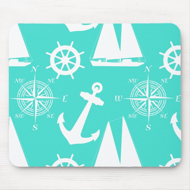 Turquoise White Nautical Coastal Boating Mouse Pad (Front)