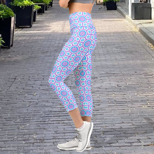 Turquoise White & Purple Elegant Geometric Pattern Capri Leggings