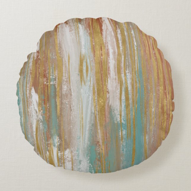 Turquoise, White, Red Ochre and Gold Abstract  Round Cushion (Front)