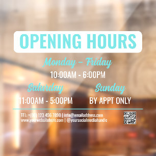 Turquoise White Retro Script QR Code Opening Hours