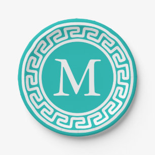 Turquoise White Round Greek Key Border Monogram Paper Plate