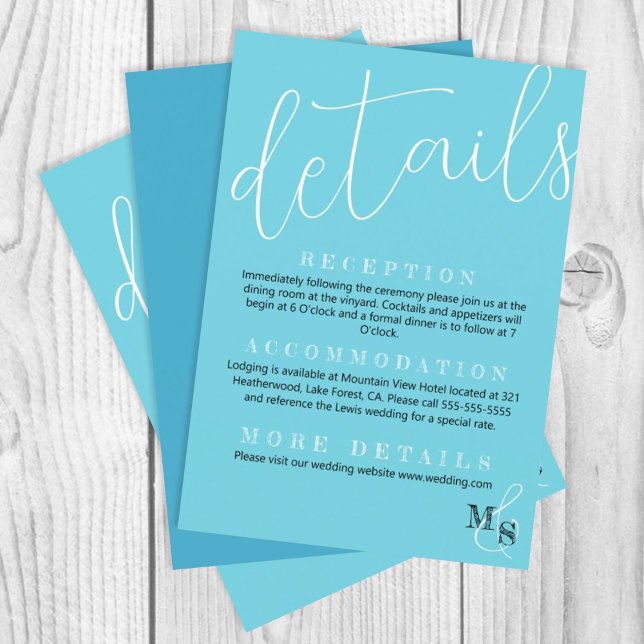 Turquoise, White Script Wedding Details Enclosure (elegant simple cyan turquoise wedding details enclosure card, calligraphy script)