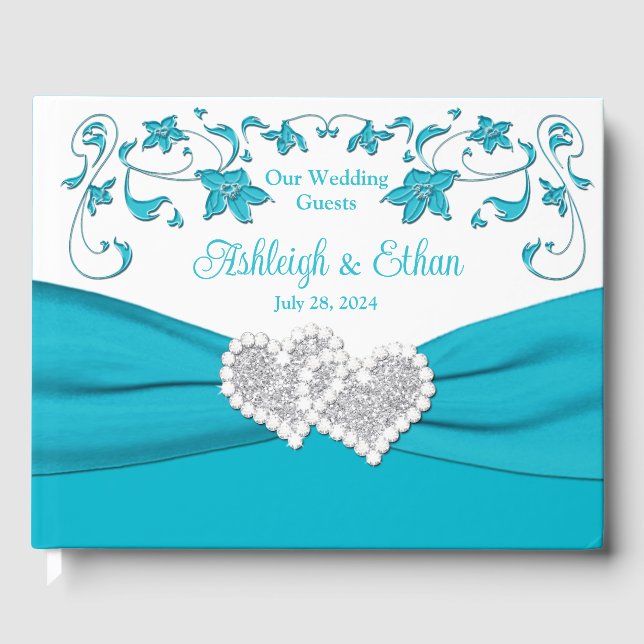 Turquoise, White, Silver Love Hearts Wedding Guest Book (Front)