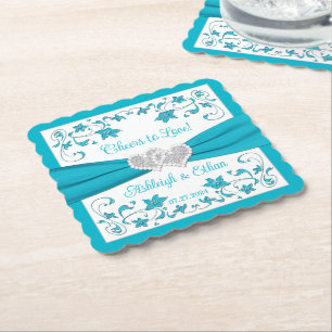 Turquoise, White, Silver Love Hearts Wedding Paper Coaster