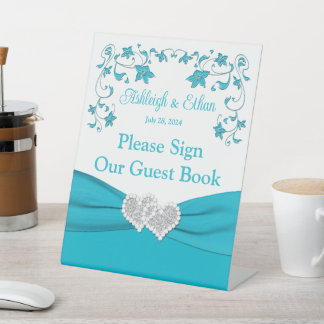 Turquoise, White, Silver Love Hearts Wedding Pedestal Sign