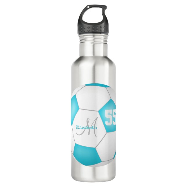 turquoise white soccer girl name jersey number 710 ml water bottle (Front)