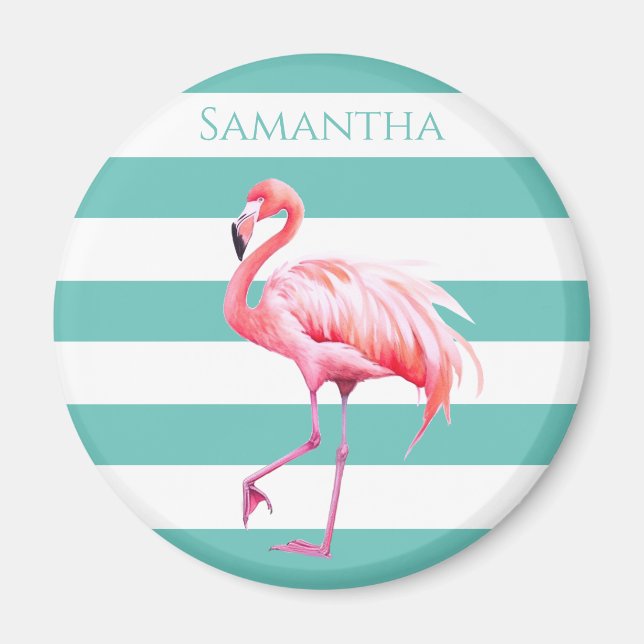 Turquoise White Stripe Cute Tropical Pink Flamingo Magnet (Front)