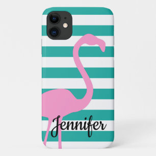 Turquoise White Stripe Personalised Pink Flamingo Case-Mate iPhone Case