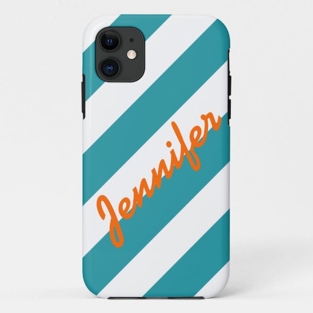 TURQUOISE WHITE STRIPES ORANGE NAME Case-Mate iPhone CASE (Back)