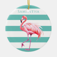 Turquoise White Stripes Pink Flamingo Christmas