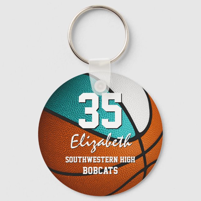 Turquoise white team spirit girls basketball key ring (Front)