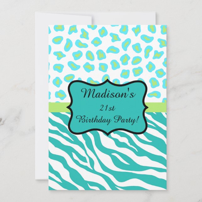 Turquoise White Zebra Leopard 21st Birthday Party Invitation (Front)