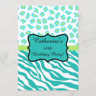 Turquoise White Zebra Leopard 60th Birthday Party Invitation
