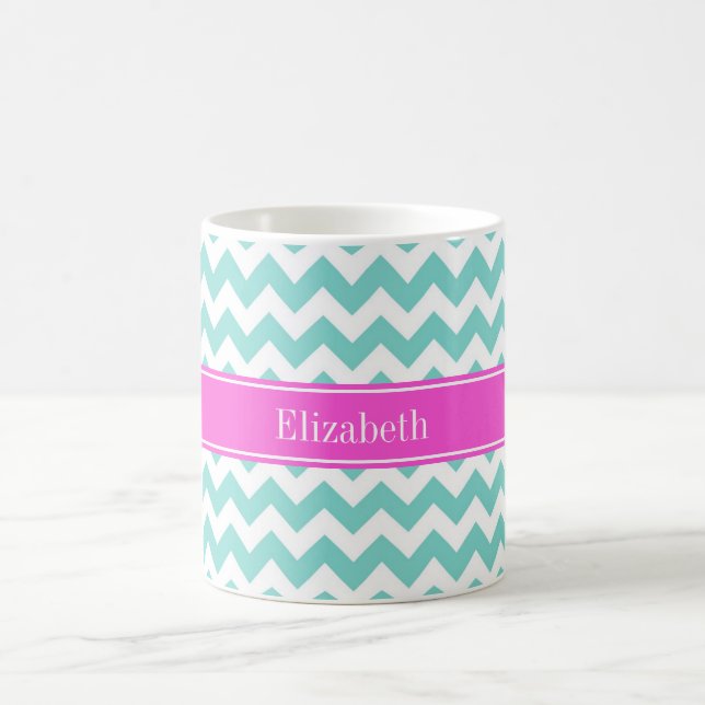 Turquoise Wht Chevron Hot Pink Name Monogram Coffee Mug (Center)