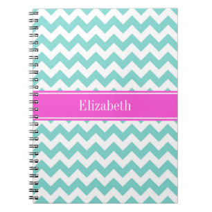 Turquoise Wht Chevron Hot Pink Name Monogram Spiral Notebook